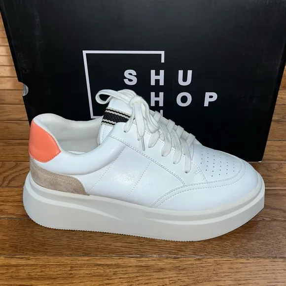 Shushop Skylar Leather Retro Sneakers Coral &amp; White Women’s Size 6.5 NEW