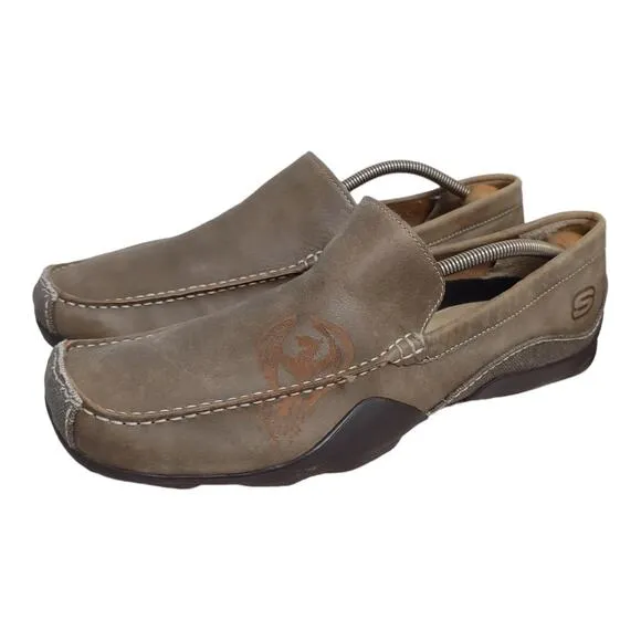 SKECHERS Mens Leather Canvas Loafers Size 13 Casual Khaki Outdoors Slip-On Shoes