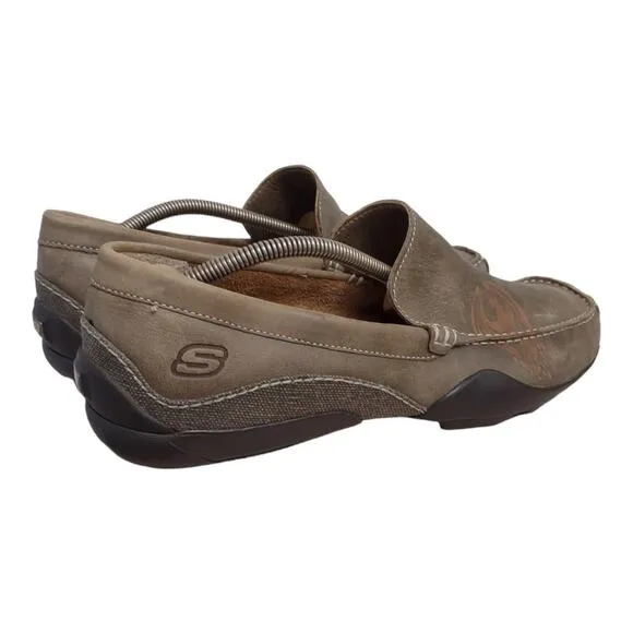 SKECHERS Mens Leather Canvas Loafers Size 13 Casual Khaki Outdoors Slip-On Shoes