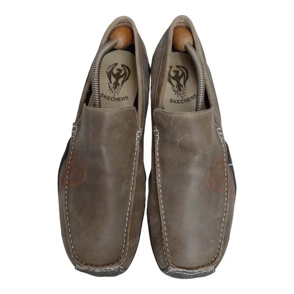 SKECHERS Mens Leather Canvas Loafers Size 13 Casual Khaki Outdoors Slip-On Shoes