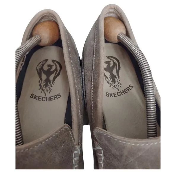 SKECHERS Mens Leather Canvas Loafers Size 13 Casual Khaki Outdoors Slip-On Shoes