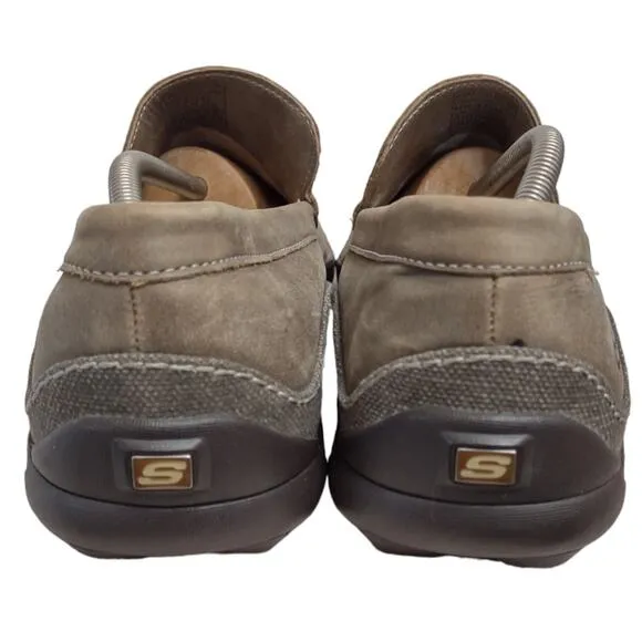 SKECHERS Mens Leather Canvas Loafers Size 13 Casual Khaki Outdoors Slip-On Shoes