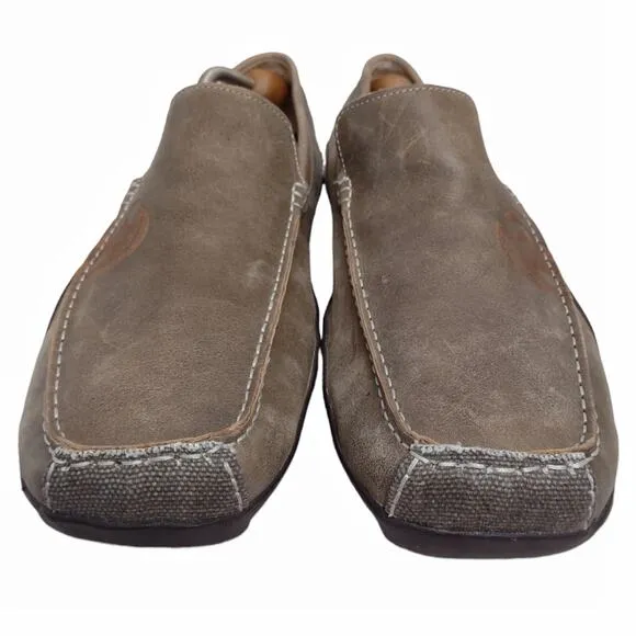 SKECHERS Mens Leather Canvas Loafers Size 13 Casual Khaki Outdoors Slip-On Shoes