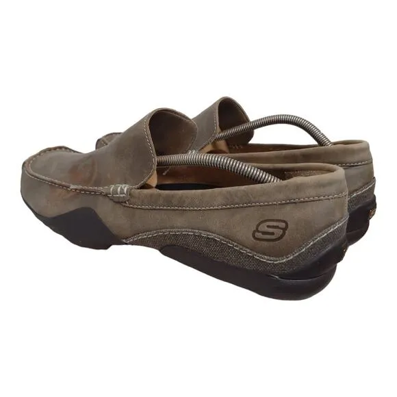 SKECHERS Mens Leather Canvas Loafers Size 13 Casual Khaki Outdoors Slip-On Shoes