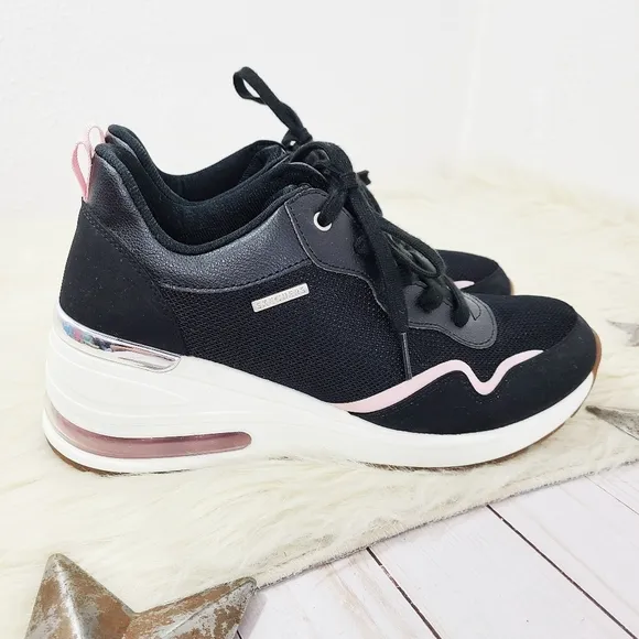 Skechers Million Air Wedge Sneakers Black Pink Silver Chunky Size 10