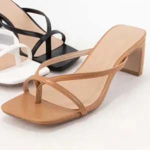 Soda Gadget Thong Square Toe Heels Sandals in Tan Brown