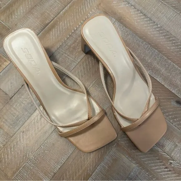 Soda Gadget Thong Square Toe Heels Sandals in Tan Brown