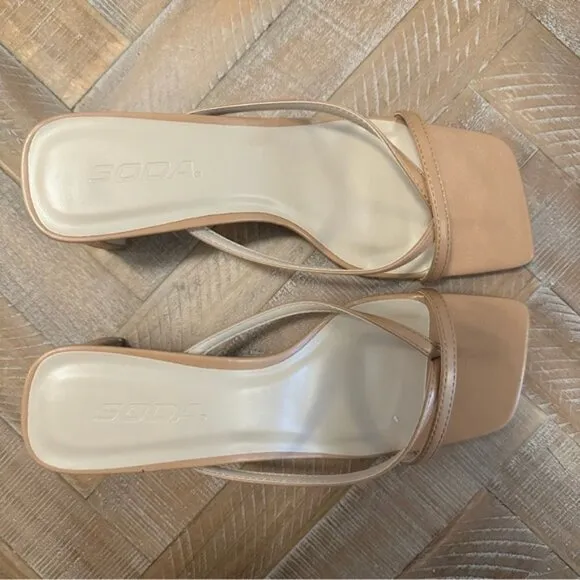 Soda Gadget Thong Square Toe Heels Sandals in Tan Brown