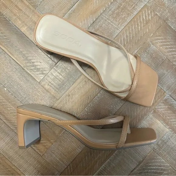 Soda Gadget Thong Square Toe Heels Sandals in Tan Brown