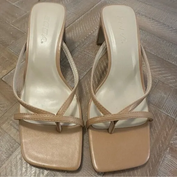 Soda Gadget Thong Square Toe Heels Sandals in Tan Brown