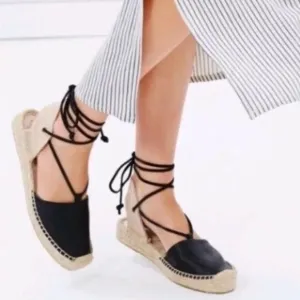Soludos Black Leather Gladiator Lace Up Espadrilles Sz 7.5
