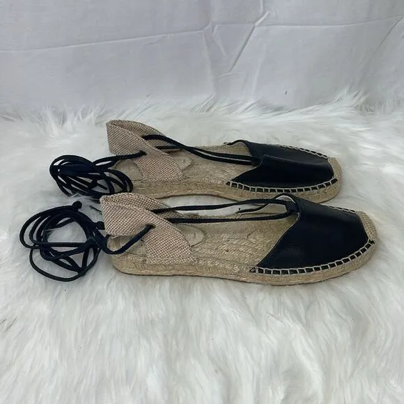 Soludos Black Leather Gladiator Lace Up Espadrilles Sz 7.5