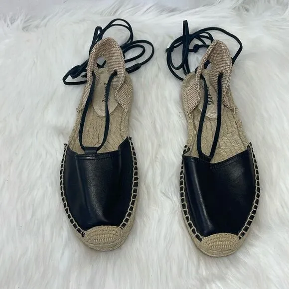 Soludos Black Leather Gladiator Lace Up Espadrilles Sz 7.5
