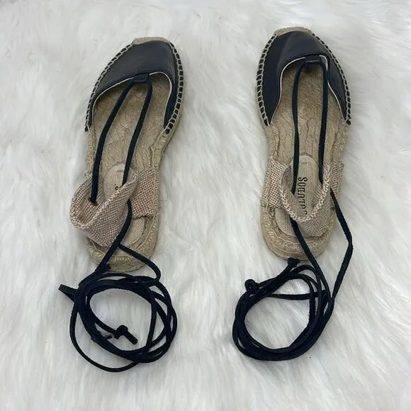 Soludos Black Leather Gladiator Lace Up Espadrilles Sz 7.5