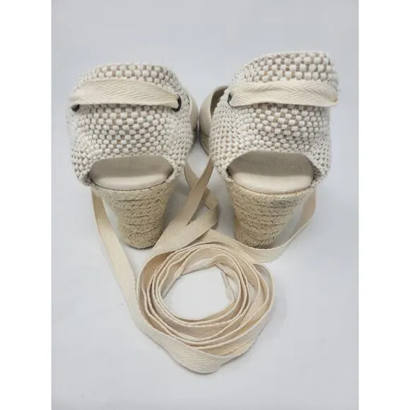 Soludos The Marseille Wedge Heel Ankle Lace Espadrilles - Beige - Women's Sz 10