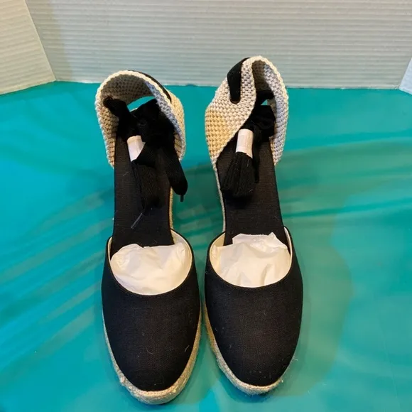 Soludos Womens Marseille Wedge Espadrilles Black Round Closed Toe Lace up Travel
