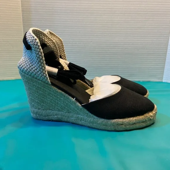 Soludos Womens Marseille Wedge Espadrilles Black Round Closed Toe Lace up Travel
