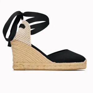Soludos Womens Marseille Wedge Espadrilles Black Round Closed Toe Lace up Travel