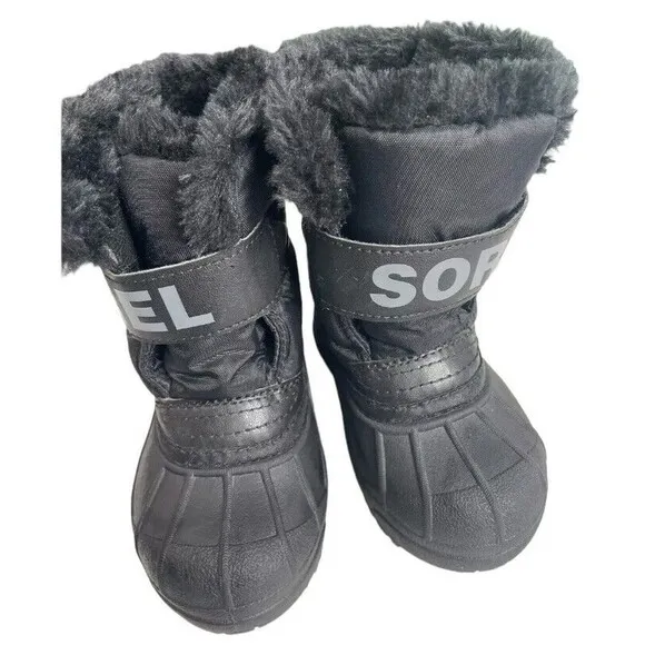 Sorel 1869561010 Kids Black Faux Fur Trim Waterproof Snow Commander Boots Sz 8