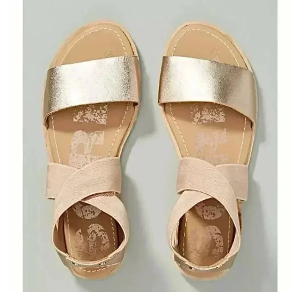 Sorel Anthropologie Ella ll Cross Strap Sandals Casual Sporty Neutral Gold EUC
