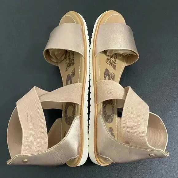 Sorel Anthropologie Ella ll Cross Strap Sandals Casual Sporty Neutral Gold EUC