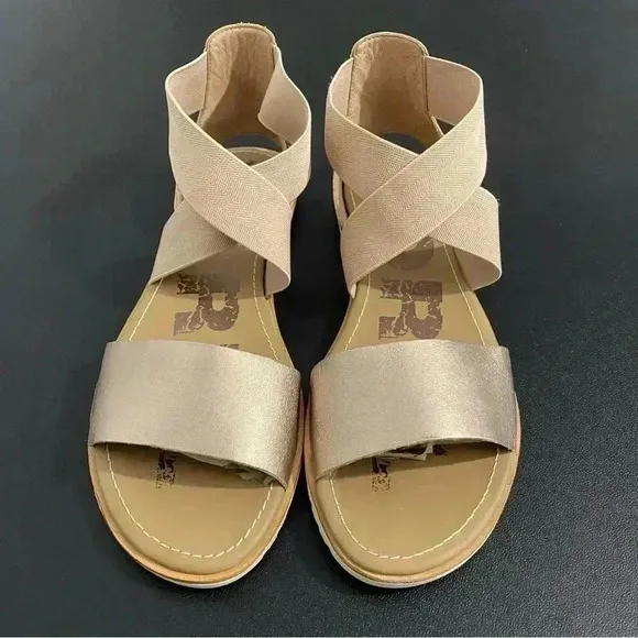Sorel Anthropologie Ella ll Cross Strap Sandals Casual Sporty Neutral Gold EUC