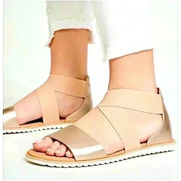 Sorel Anthropologie Ella ll Cross Strap Sandals Casual Sporty Neutral Gold EUC