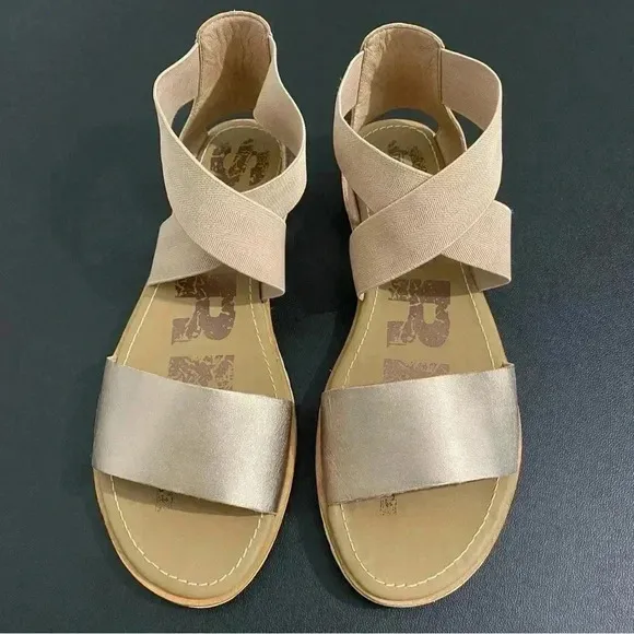 Sorel Anthropologie Ella ll Cross Strap Sandals Casual Sporty Neutral Gold EUC