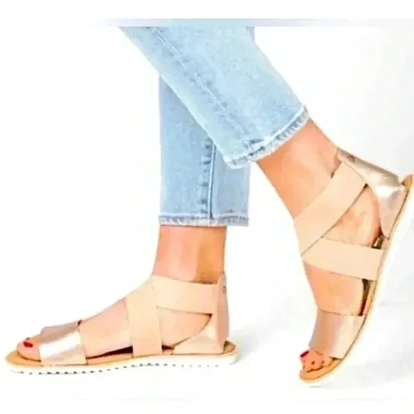 Sorel Anthropologie Ella ll Cross Strap Sandals Casual Sporty Neutral Gold EUC