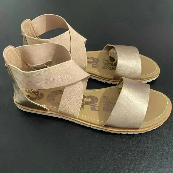 Sorel Anthropologie Ella ll Cross Strap Sandals Casual Sporty Neutral Gold EUC