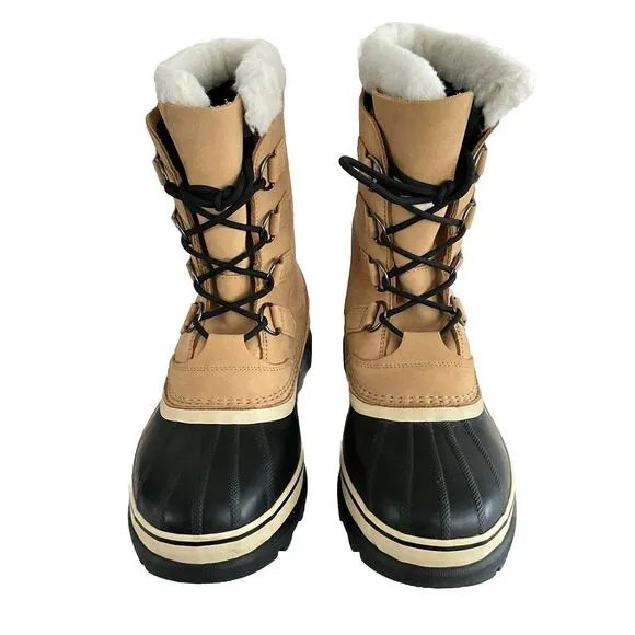 Sorel Boots Men 11M Tan Black Nubuck Caribou Waterproof Lace-up Sherpa Cuff 6lb