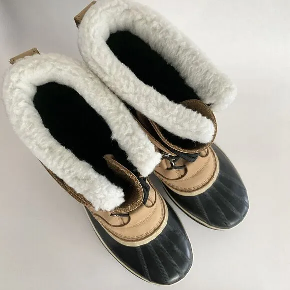 Sorel Boots Men 11M Tan Black Nubuck Caribou Waterproof Lace-up Sherpa Cuff 6lb