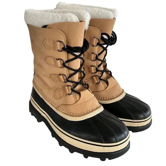 Sorel Boots Men 11M Tan Black Nubuck Caribou Waterproof Lace-up Sherpa Cuff 6lb
