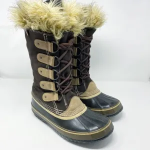 Sorel Brown Joan of Arc Lace Up Snow Boots Waterproof Women's Sz 9 Faux Fur Trim
