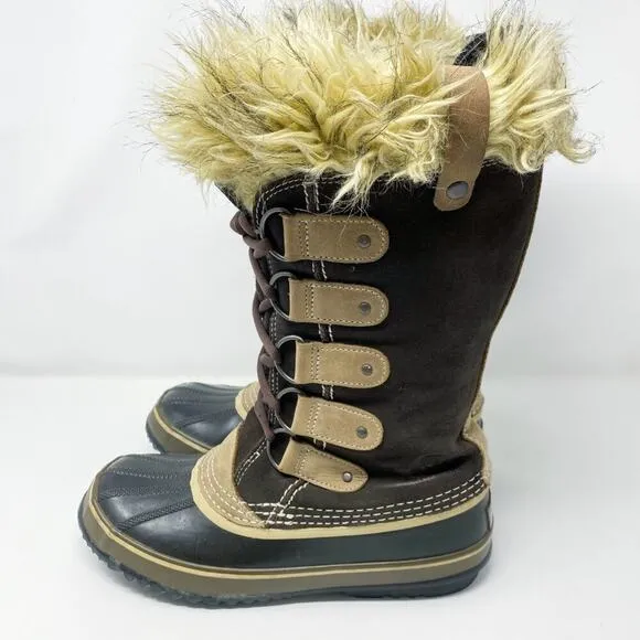 Sorel Brown Joan of Arc Lace Up Snow Boots Waterproof Women's Sz 9 Faux Fur Trim