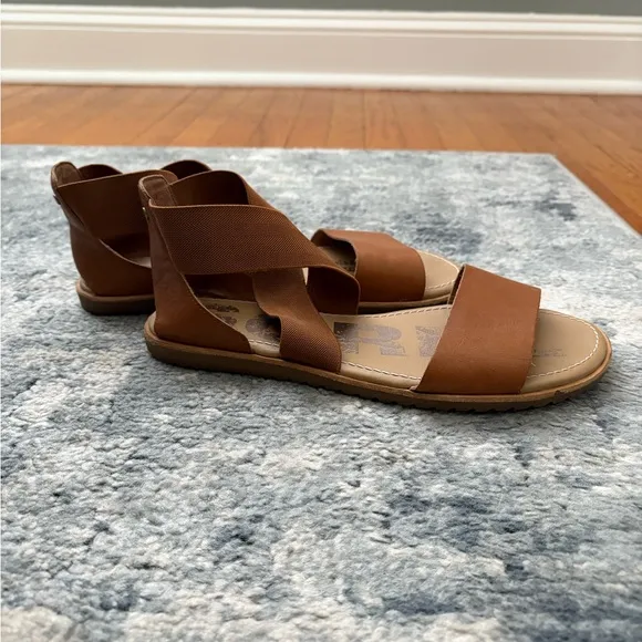 Sorel Ella II Leather Flat Sandals in Velvet Tan, SZ Women’s 9