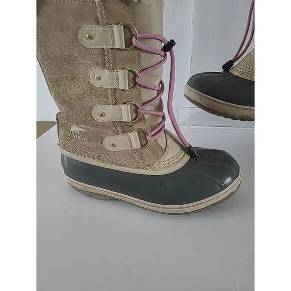 Sorel Girls SZ 4 Joan Of Artic Camel Brown Pink Faux Fur Waterproof Snow Boots