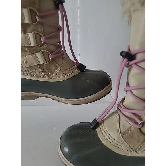Sorel Girls SZ 4 Joan Of Artic Camel Brown Pink Faux Fur Waterproof Snow Boots