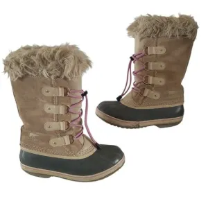 Sorel Girls SZ 4 Joan Of Artic Camel Brown Pink Faux Fur Waterproof Snow Boots