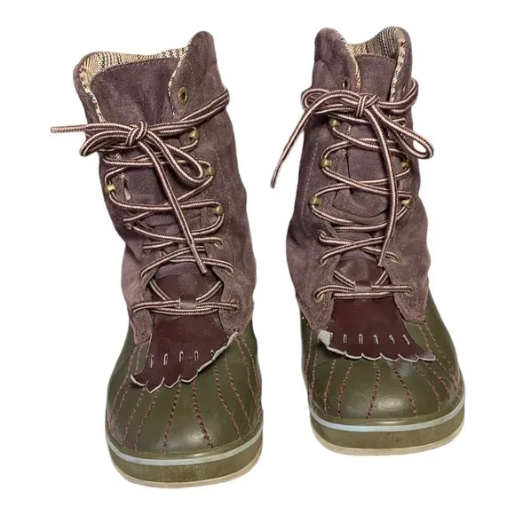 Sorel Insulated Duck Winter Boots Purple Suede &amp; Olive Green 1703-603 Size 7