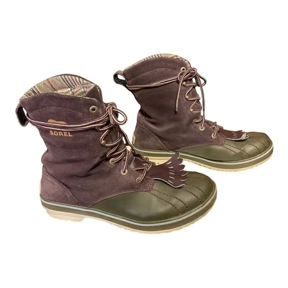 Sorel Insulated Duck Winter Boots Purple Suede &amp; Olive Green 1703-603 Size 7