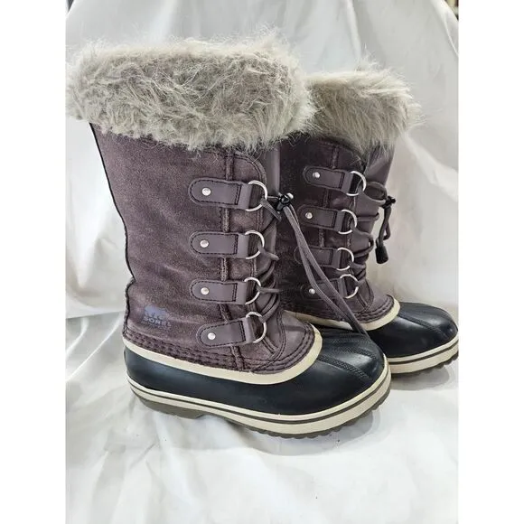 Sorel Joan Arctic Snow Boots Sz 2 Waterproof Suede‎ Quarry Purple Fur Trim