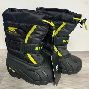 SOREL Kid’s Flurry Insulated Snow Boots Black Neon Yellow TODDLER SZ 6 NWT