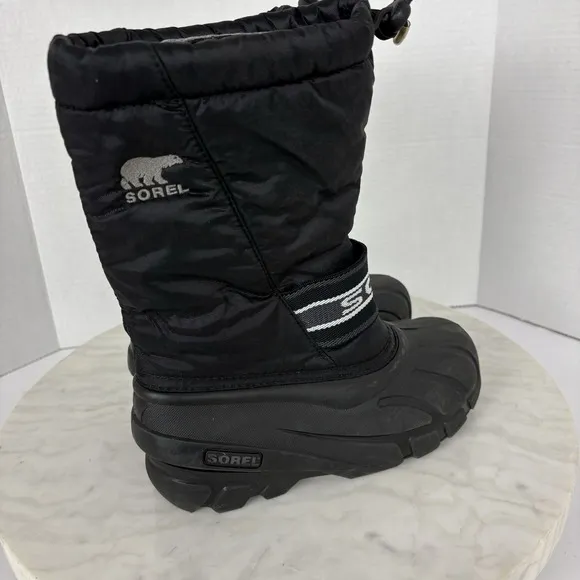 Sorel Snow Boots Youth Unisex Black Fleece Lined Ski Snow Outdoor Warm Size 2