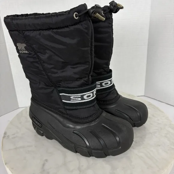 Sorel Snow Boots Youth Unisex Black Fleece Lined Ski Snow Outdoor Warm Size 2