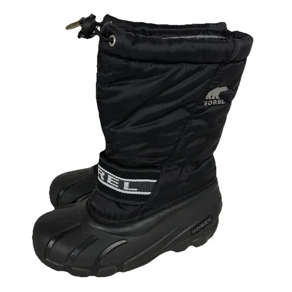Sorel Snow Boots Youth Unisex Black Fleece Lined Ski Snow Outdoor Warm Size 2
