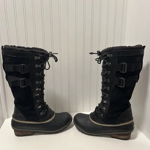 Sorel Women's Conquest Carly II Waterproof Duck Black Leather Suede Lace Up US 8