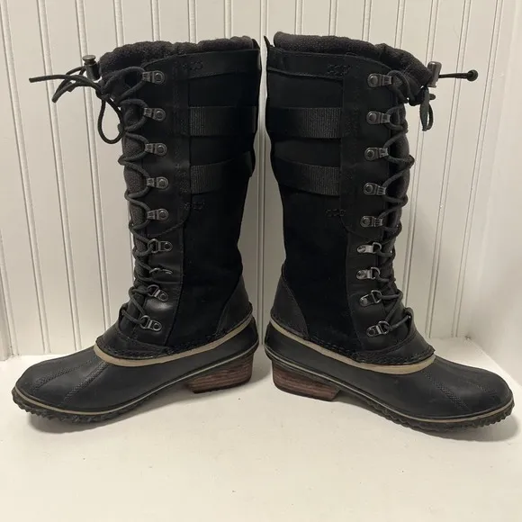Sorel Women's Conquest Carly II Waterproof Duck Black Leather Suede Lace Up US 8