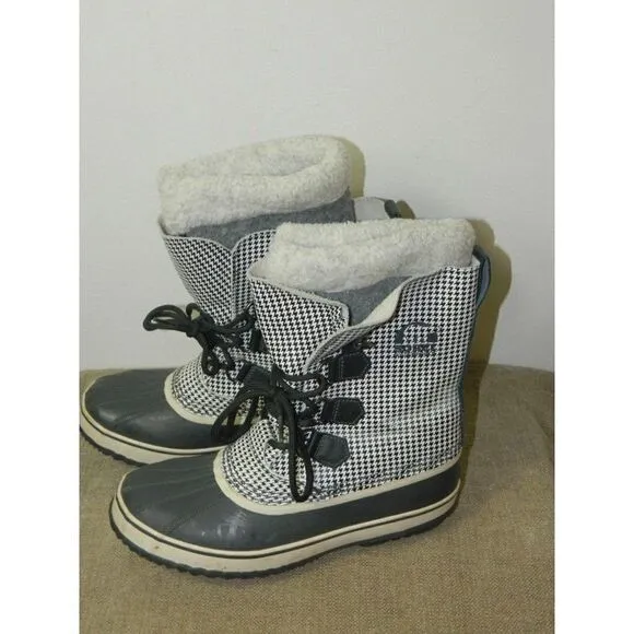 Sorel Tivoli High Snow Boots Black White Houndstooth Check Mid Calf Lined  10