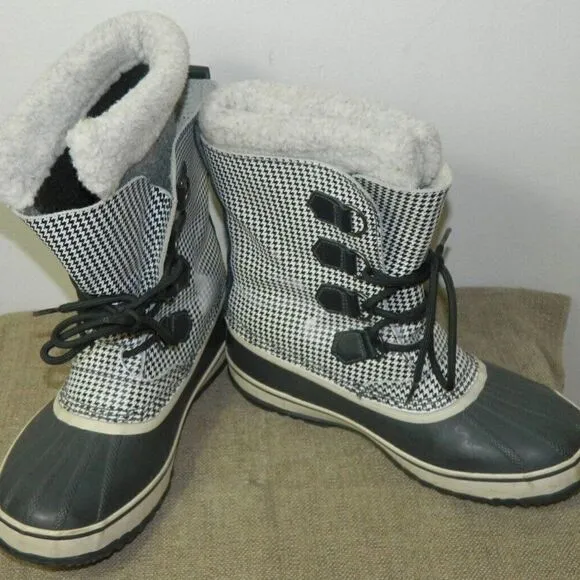 Sorel Tivoli High Snow Boots Black White Houndstooth Check Mid Calf Lined  10